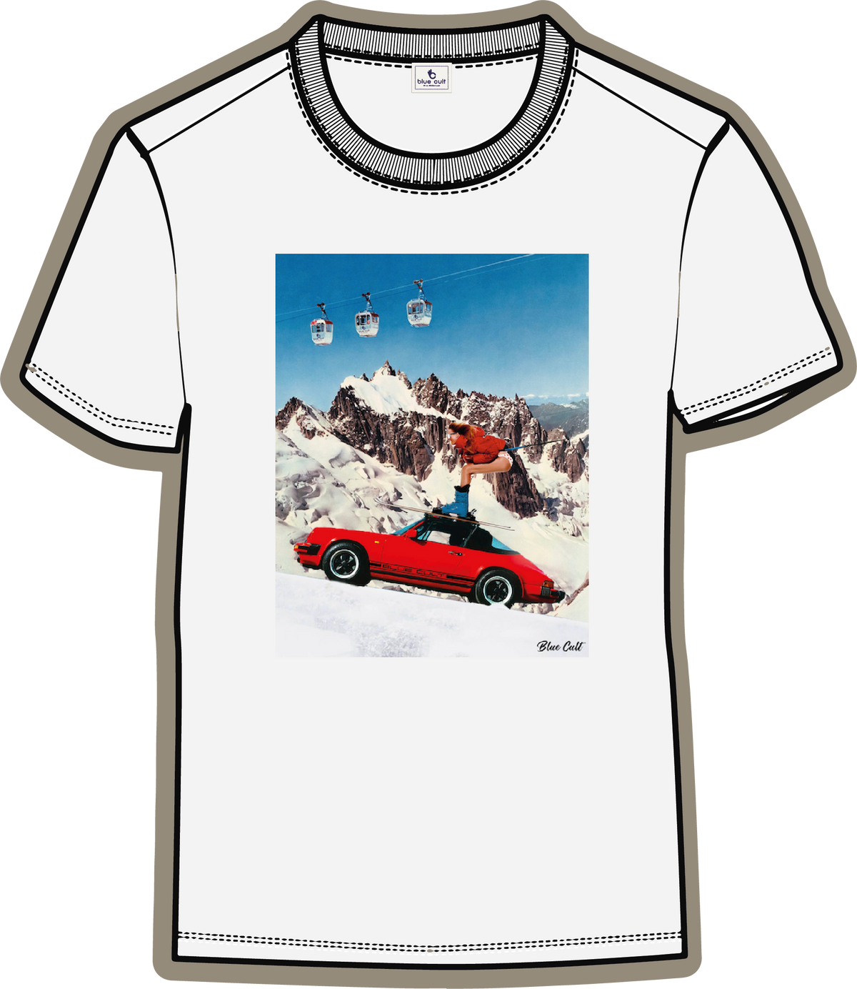 T-shirt Print Coton Bio Ski Car - Blanc Cassé