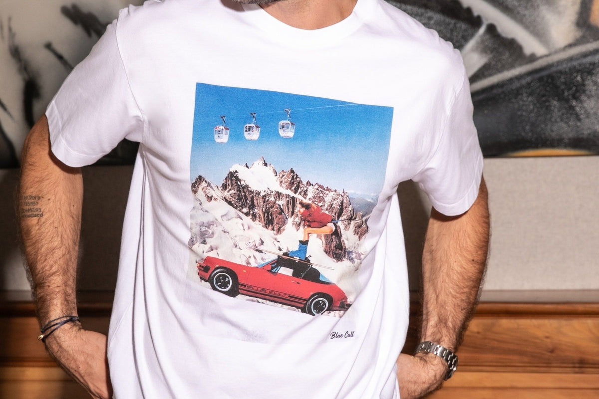 T-shirt Print Coton Bio Ski Car - Blanc Cassé - Blue Cult