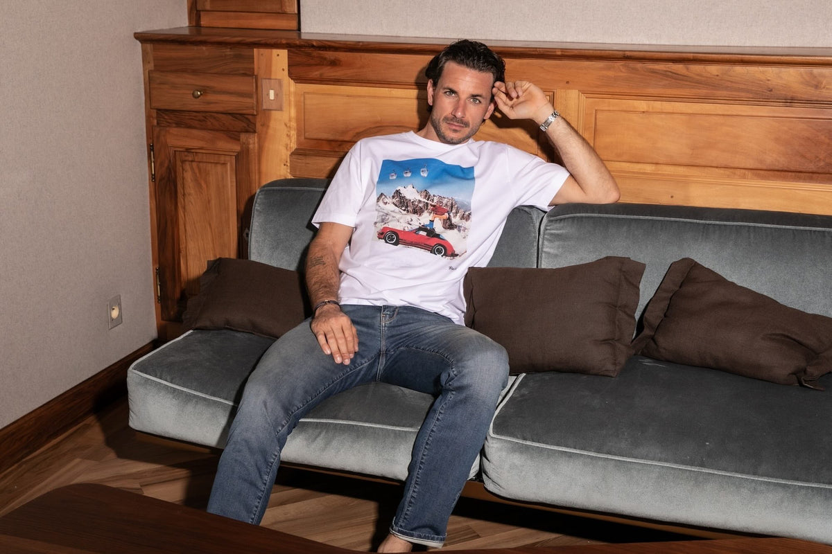 T-shirt Print Coton Bio Ski Car - Blanc Cassé - Blue Cult