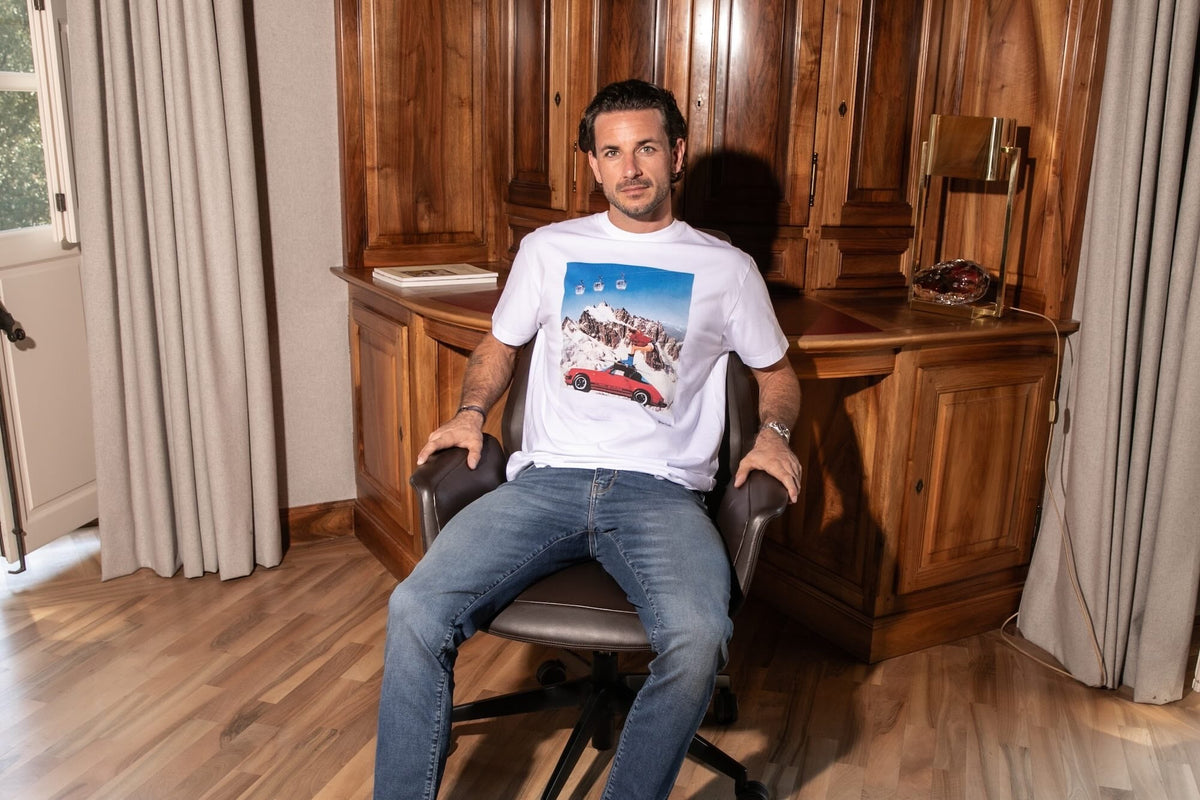 T-shirt Print Coton Bio Ski Car - Blanc Cassé - Blue Cult