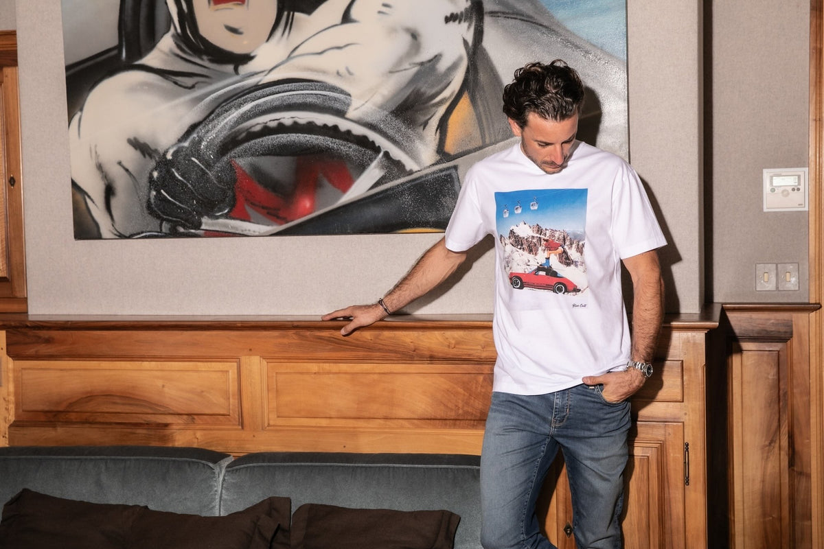 T-shirt Print Coton Bio Ski Car - Blanc Cassé - Blue Cult