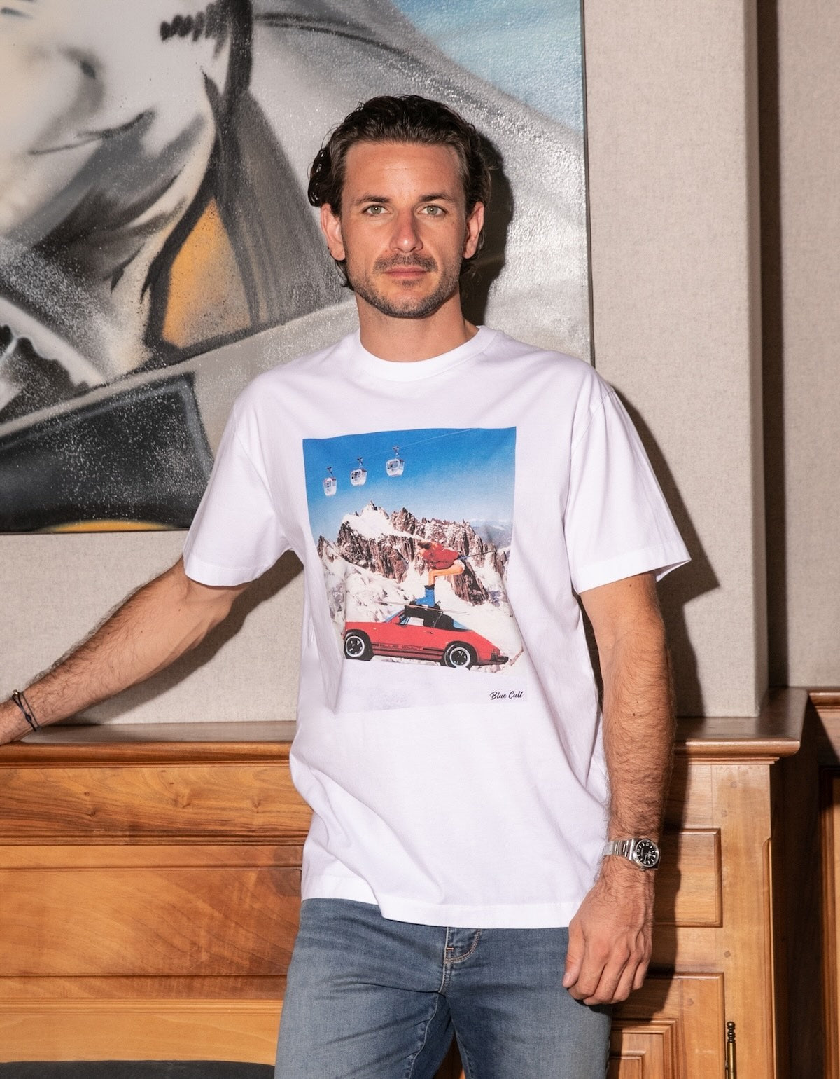 T-shirt Print Coton Bio Ski Car - Blanc Cassé - Blue Cult